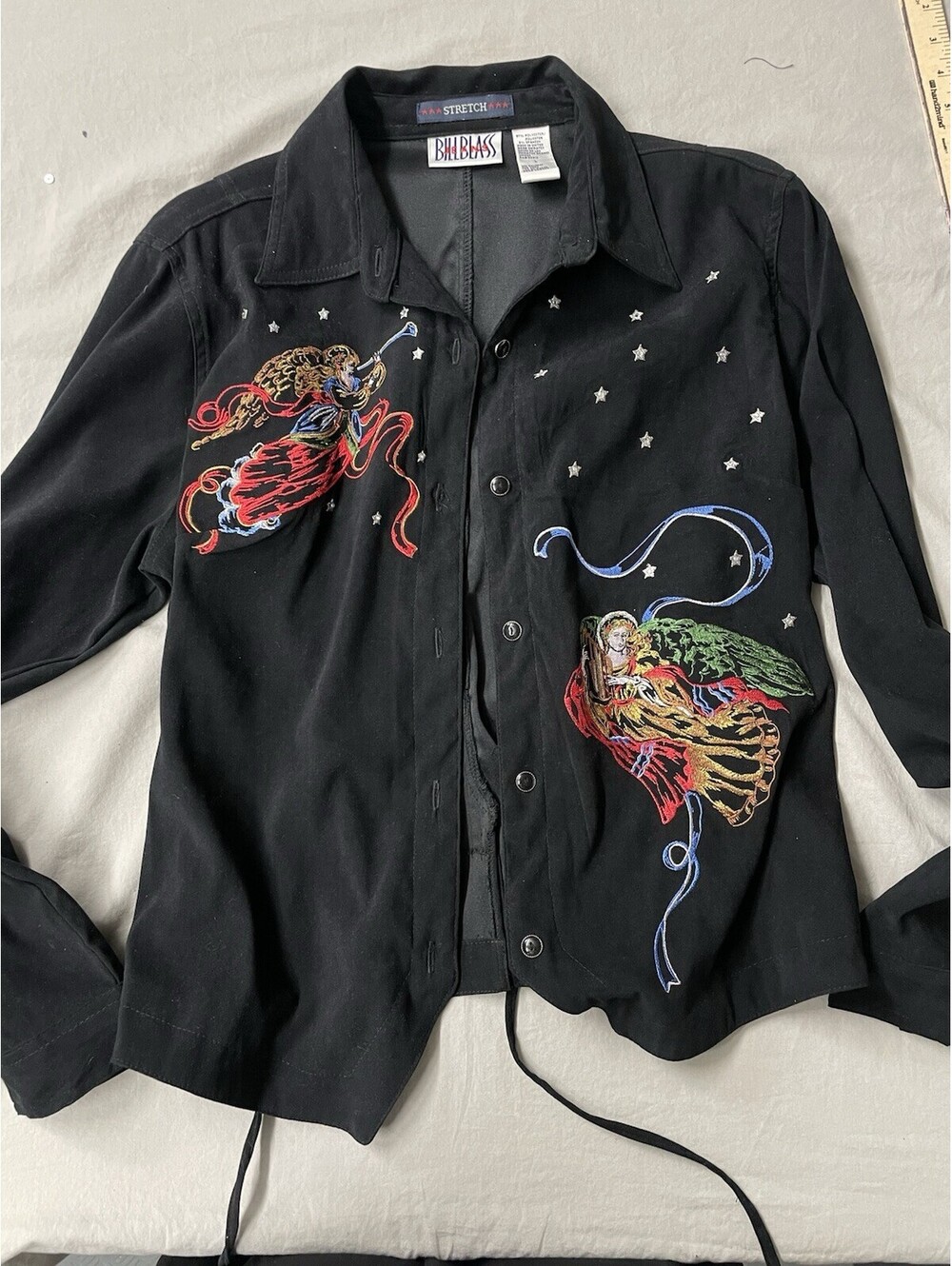 Vintage Bill Blass Jeans Stretch Button Down Women’s Shirt Embroidered Angels